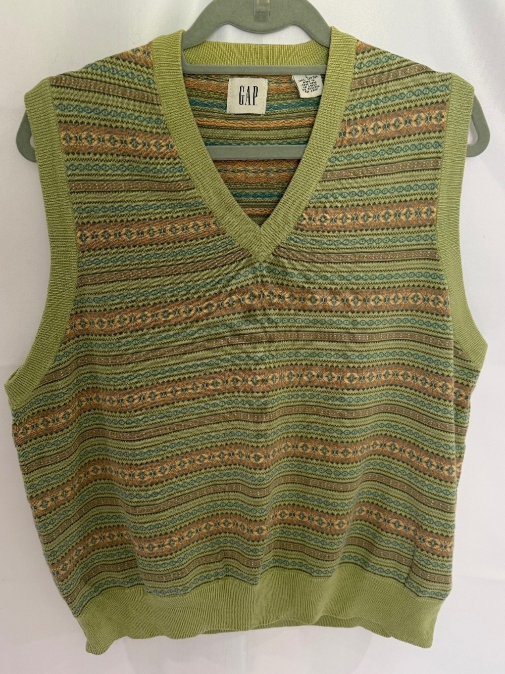VTG Fair Isle Sweater Vest Green Geometric Knit Large Gorgeous vintage 1990s Gap